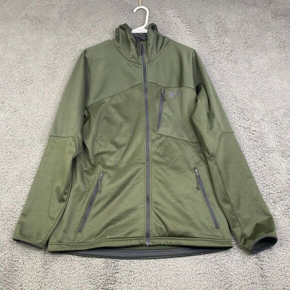 Under Armour Jacket Large ColdGear Reactor Full Zip Fleece Hoodie Green Fitted - Picture 1 of 12